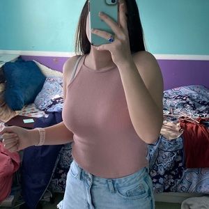 Womens Pink nude tank top w/ keyhole back tie up M